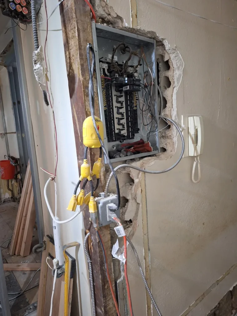 Open electrical panel during an apartment rewire in Brooklyn, with the plaster wall cut back and new cable run to the box